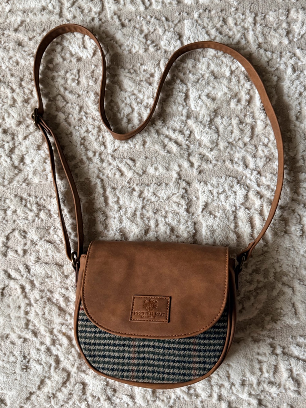 British Bag Company Brown Leather-Effect Crossbody Bag with Houndstooth Accent